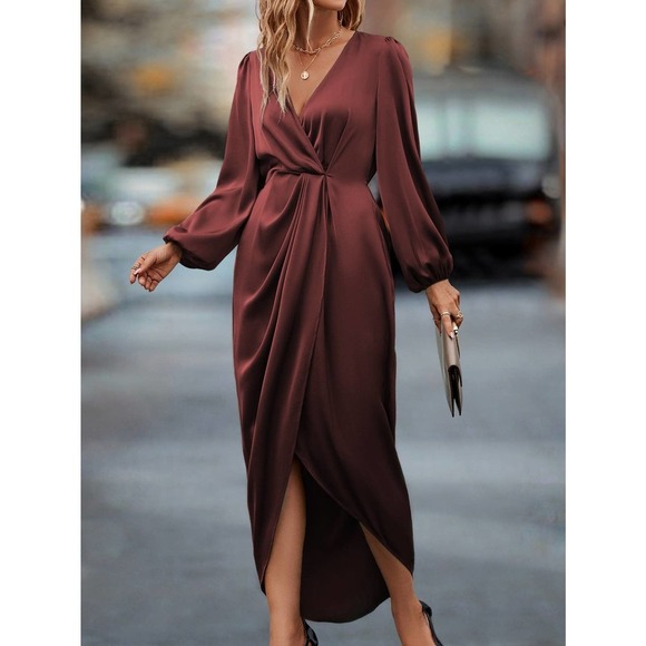 long sleeve  Lantern Sleeve Twist Front Wrap Hem Satin midi Dress maroon - Picture 1 of 11